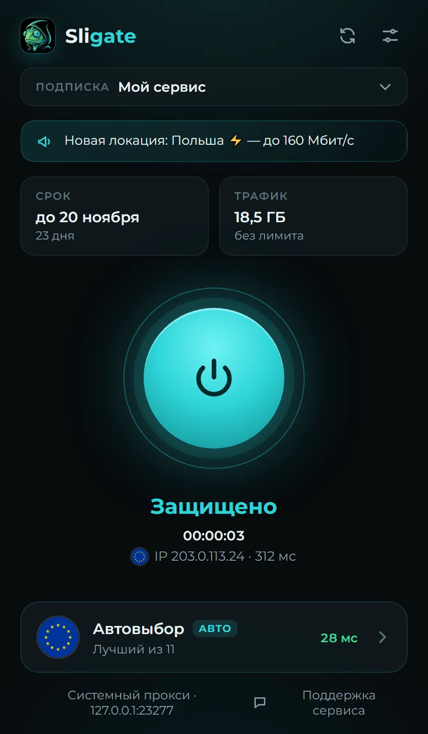 Окно Sligate: подписка подключена, выбран автовыбор сервера